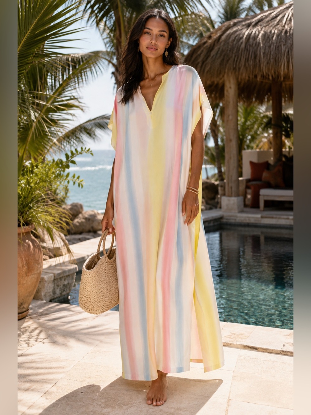 Colorful Watercolor Vertical Stripe V-Neck Kaftan / Coverup O/S